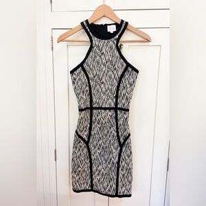 PARKER brand body con Mini Black And White Abstract Print dress